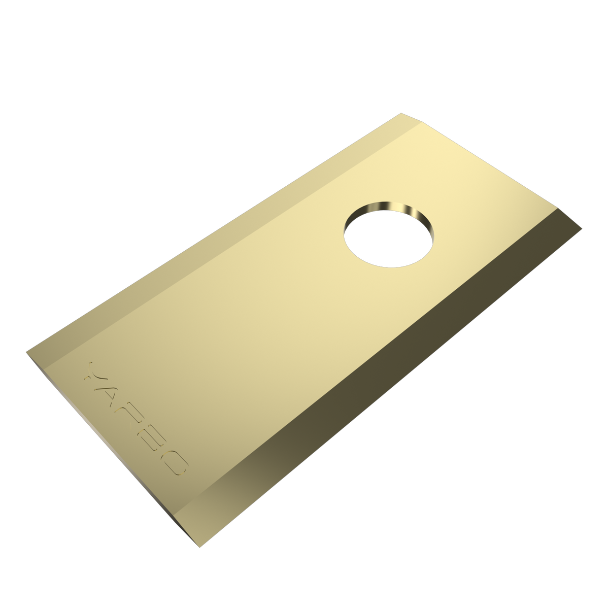 Gold metal cutting blade by YAPBO, rectangular with beveled edges, a central hole, and engraved text.