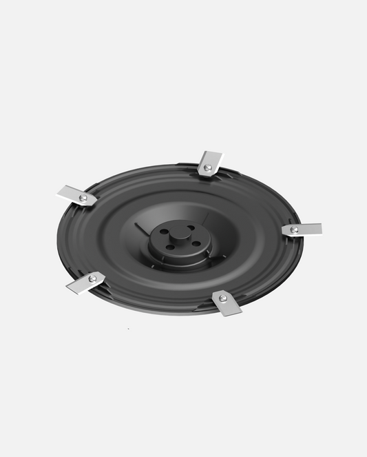 Black cutting disc with six silver blades attached, viewed from an elevated angle.
