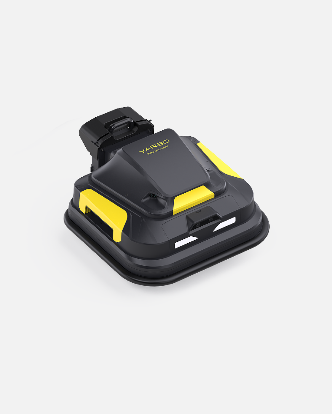 Black and yellow robotic lawn mower module by YARBO, with a top sensor unit, shown from a high-angle view.