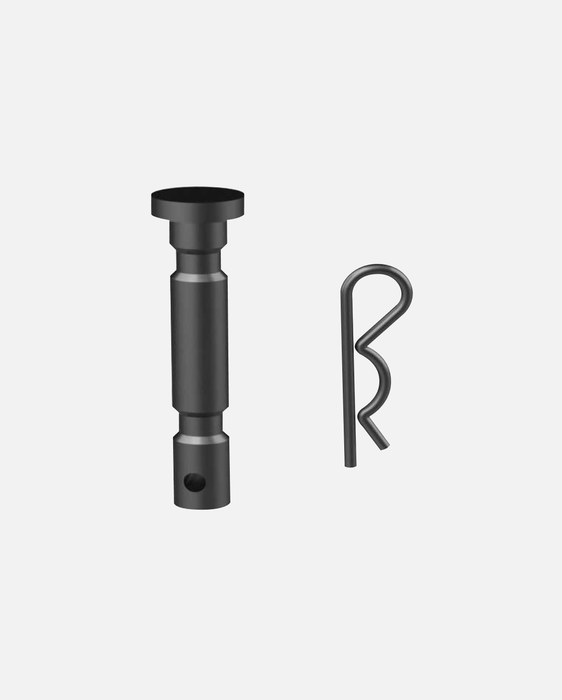 Dark gray metal Shear Pins & Cotter Pins Set, including one solid pin with a hole and one R-shaped cotter pin, shown upright.