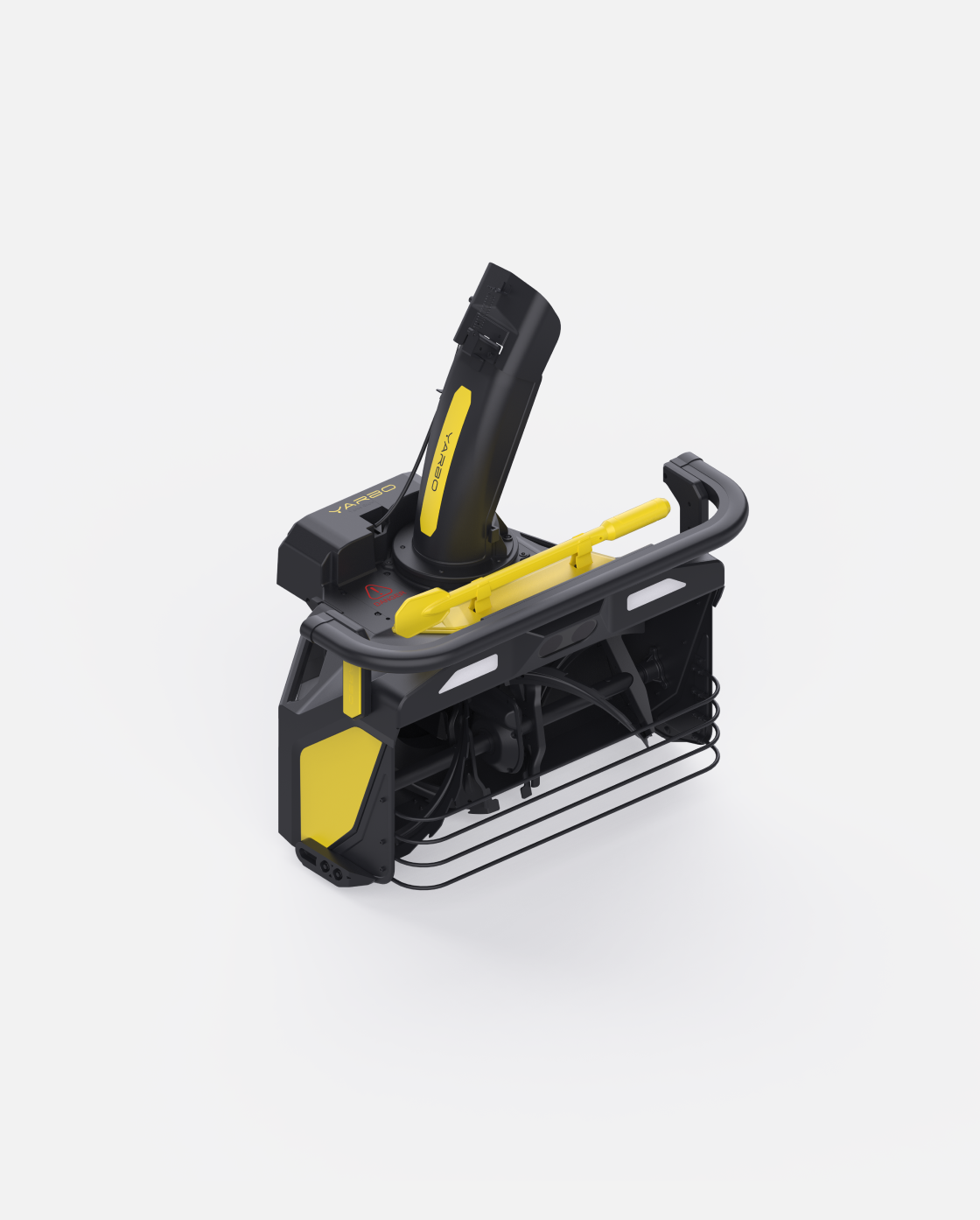 Black and yellow Snow Blower Module by Yarbo with a rugged design and yellow shovel attachment, shown from an angled view.