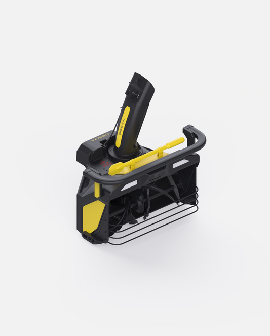 Black and yellow Snow Blower Module by Yarbo with a rugged design and yellow shovel attachment, shown from an angled view.
