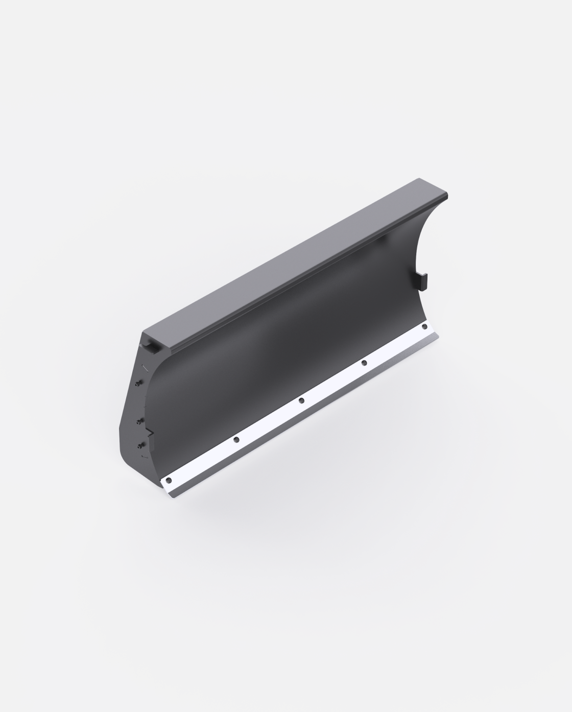 Dark grey snow plow blade with a lighter grey top bar, curved moldboard, and white cutting edge, angled view.