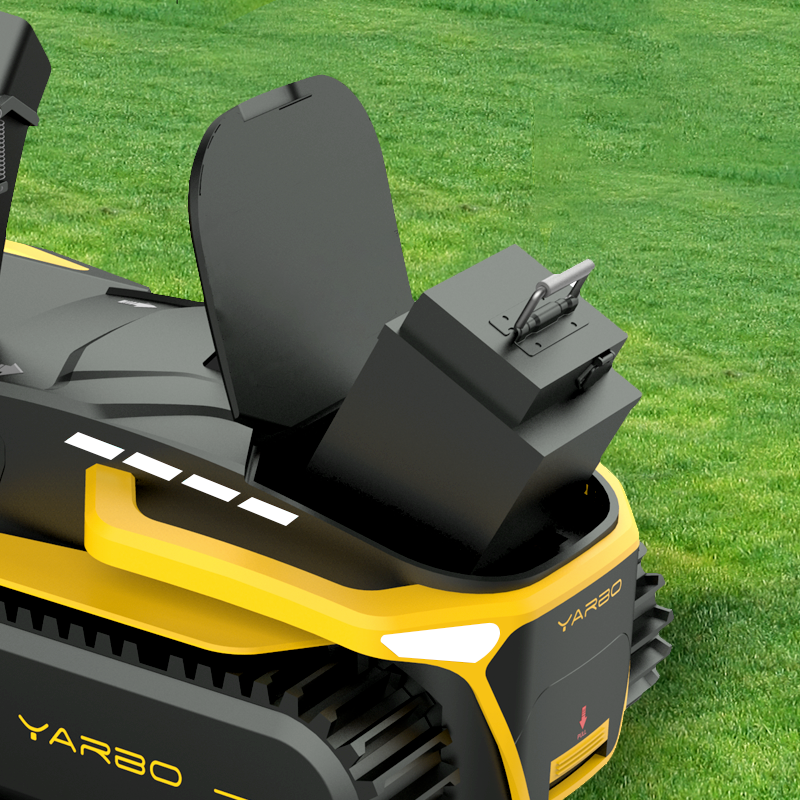Black 38.4Ah battery for Yarbo, featuring a silver handle, shown being inserted into a robotic device.