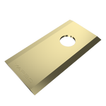 Gold metal cutting blade by YAPBO, rectangular with beveled edges, a central hole, and engraved text.