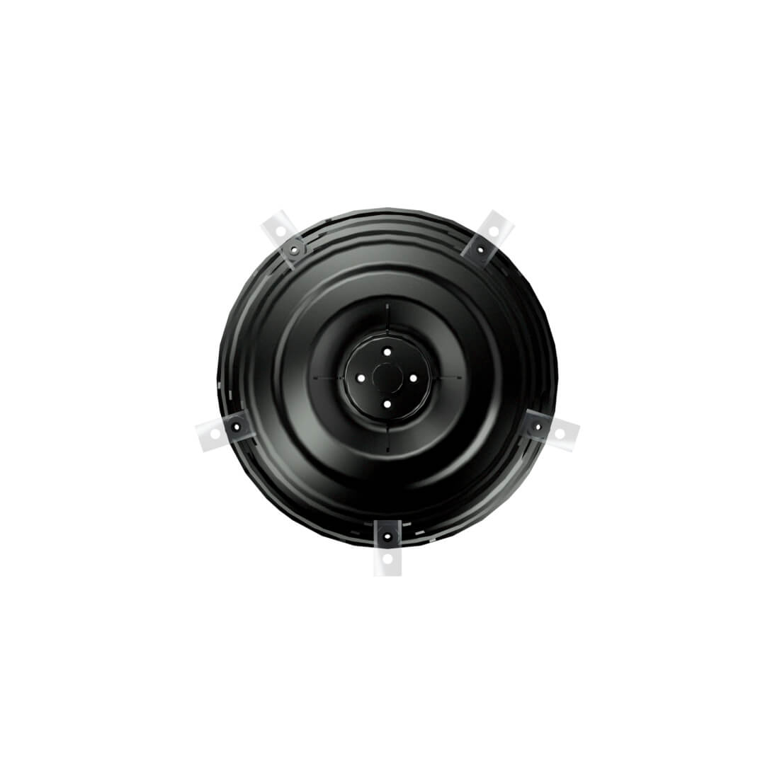 Black circular cutting disc with six transparent mounting clips and four white center bolts, viewed from above.