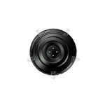Black circular cutting disc with six transparent mounting clips and four white center bolts, viewed from above.
