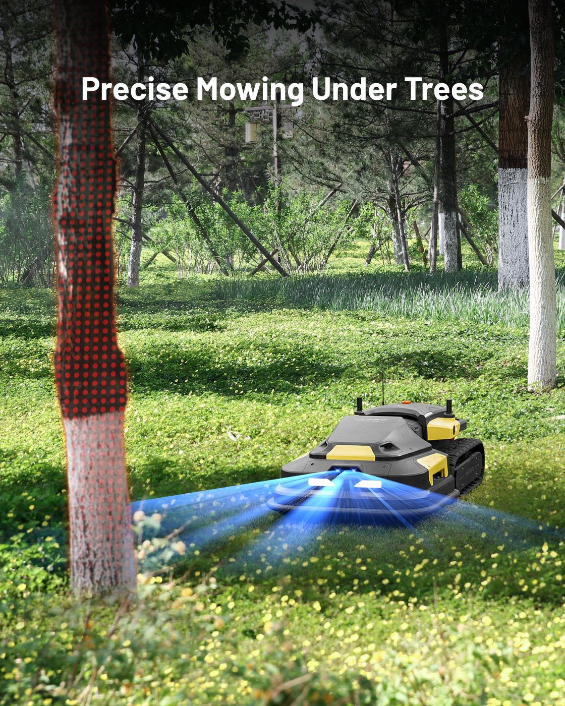 Black and yellow robot lawn mower module by Yakee, emitting blue light while mowing grass under trees.