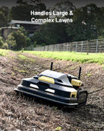 Dark gray robotic lawn mower module by Yarbo with yellow accents and tracks, on a dirt path.