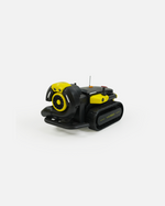 Black and yellow Mini Blower 3D Model from Yarbo, featuring a front fan, antenna, and caterpillar tracks.