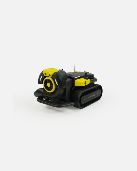 Black and yellow Mini Blower 3D Model from Yarbo, featuring a front fan, antenna, and caterpillar tracks.