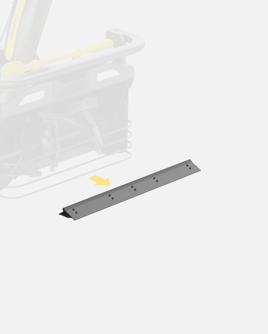 Dark gray scraper bar by Yarbo with multiple screws, shown with a yellow arrow pointing from a blurred machine.