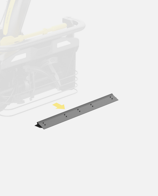 Dark gray scraper bar by Yarbo with multiple screws, shown with a yellow arrow pointing from a blurred machine.