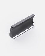 Dark grey snow plow blade with a lighter grey top bar, curved moldboard, and white cutting edge, angled view.