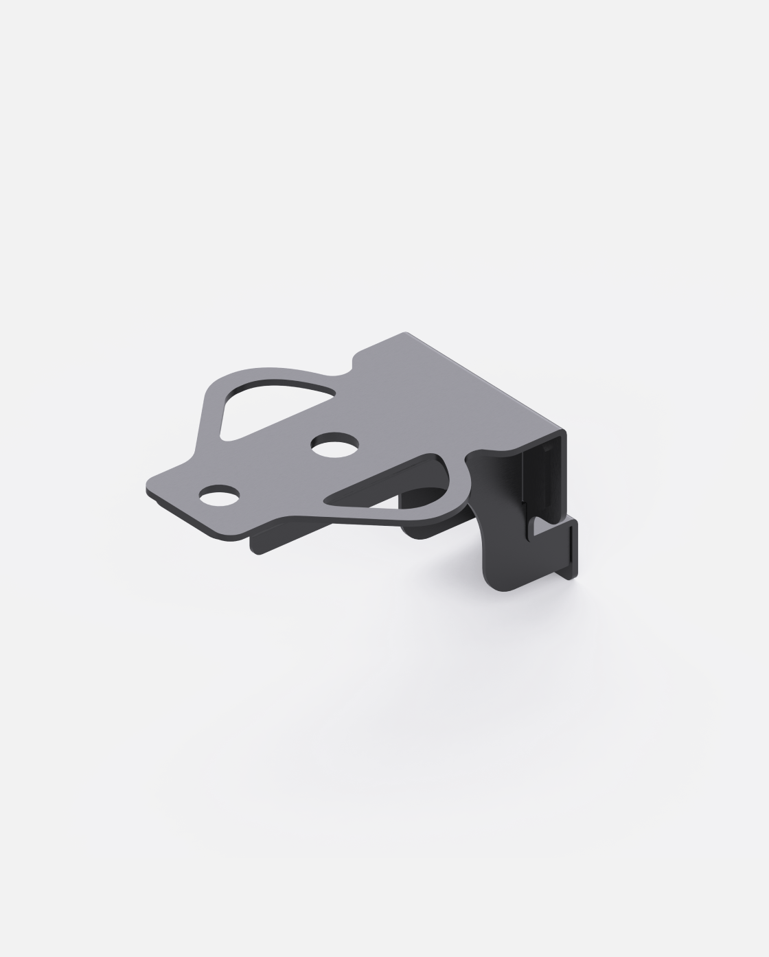 Dark grey tow hitch, metal bracket with multiple cutouts and a hook-shaped end, angled view.