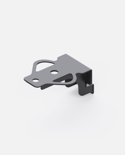 Dark grey tow hitch, metal bracket with multiple cutouts and a hook-shaped end, angled view.