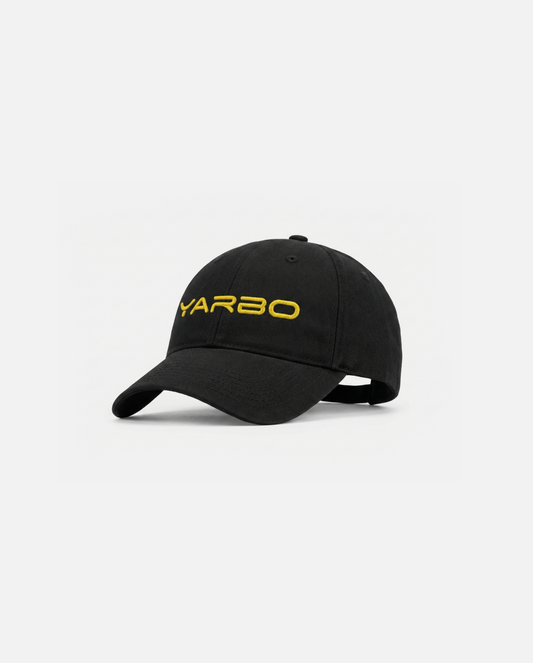Black embroidered cap from Yarbo with a yellow 'YARBO' logo, shown in a side view.